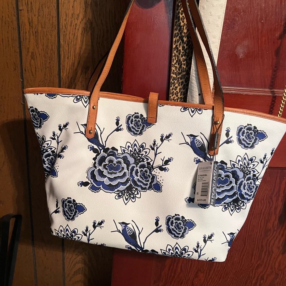 Brahmin Blue and White Floral Tote Bag